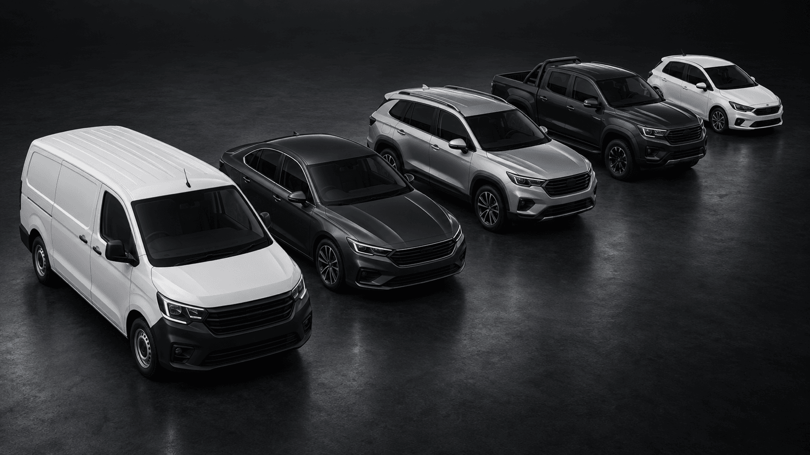 Five fleet vehicles in diagonal formation in a dark studio