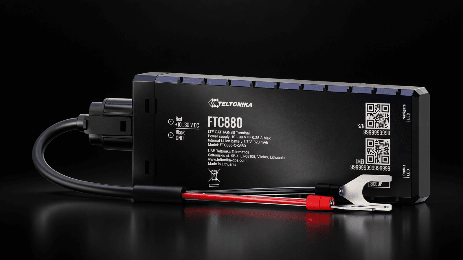 Teltonika FTC880 waterproof LTE tracker with red and black battery harness