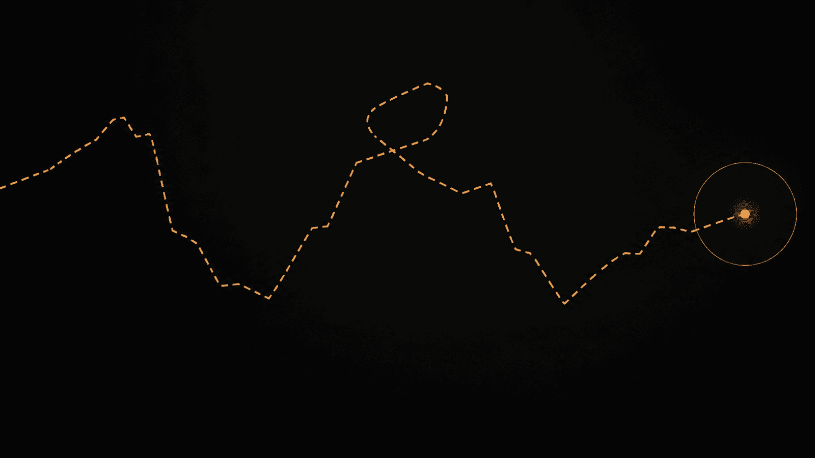Amber dashed trail with search radius on dark background
